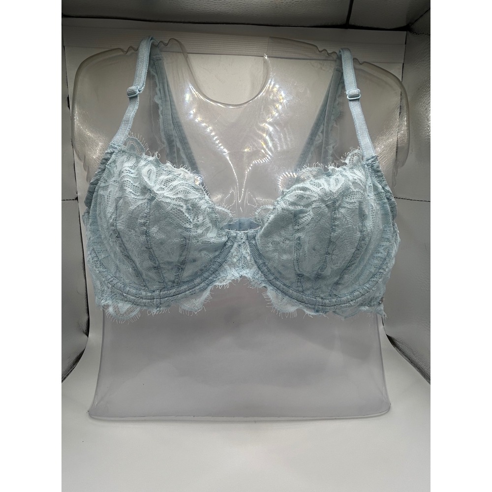 Victoria's‎ Secret PINK Light Blue Lace Unlined Underwire Bra 36C Eyelash Trim